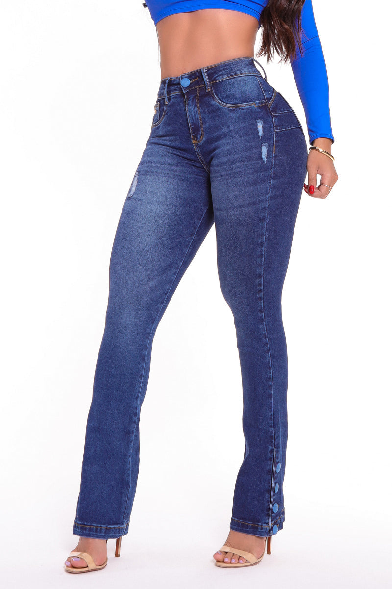 Calça Jeans Flare Modeladora Detalhe Barra Botões - CH43